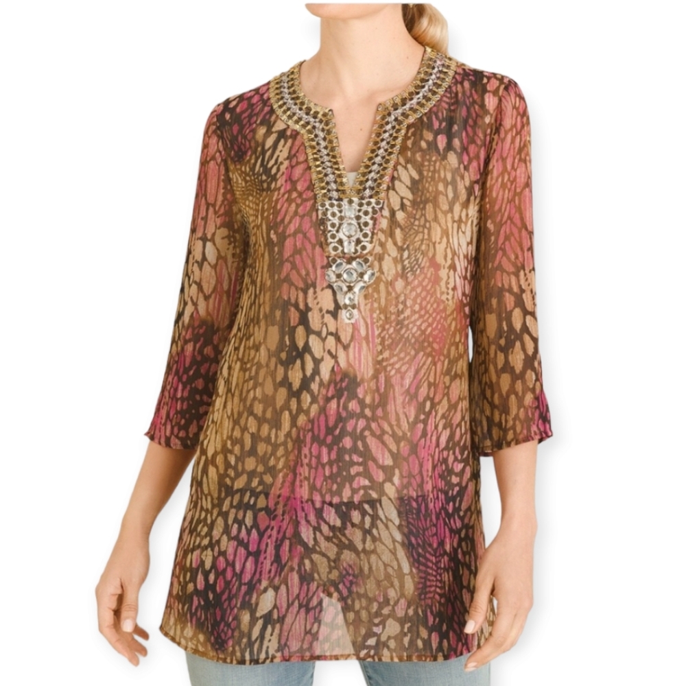 Chico's pink & brown animal print jeweled beaded silk tunic top Womens Medium - Picture 5 of 8